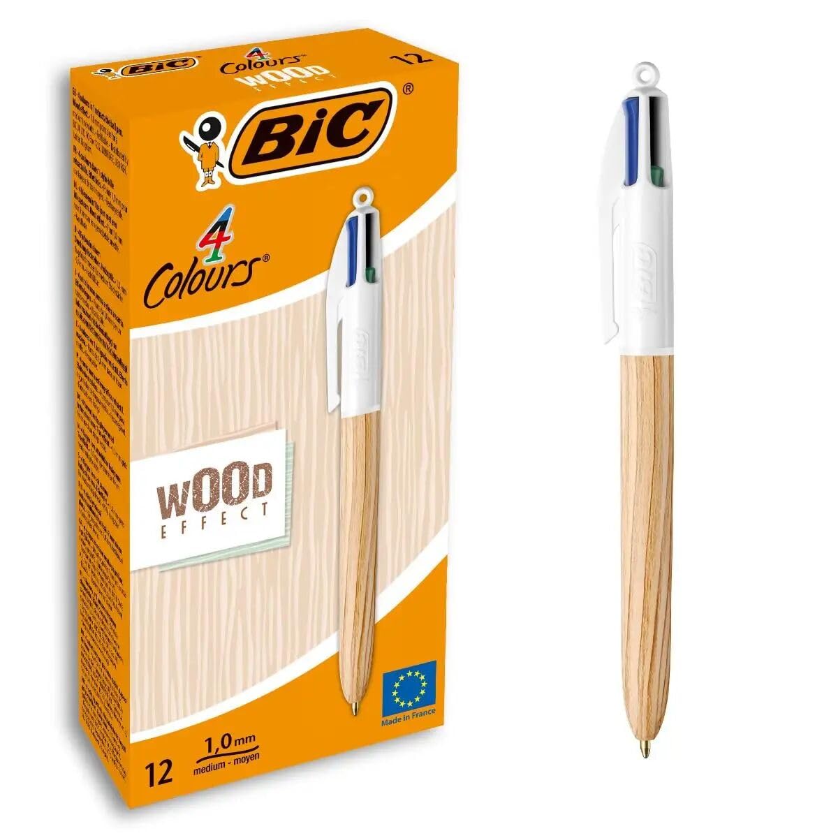 BIC Box mit 12 Kugelschreibern, 4 Farben, Holz