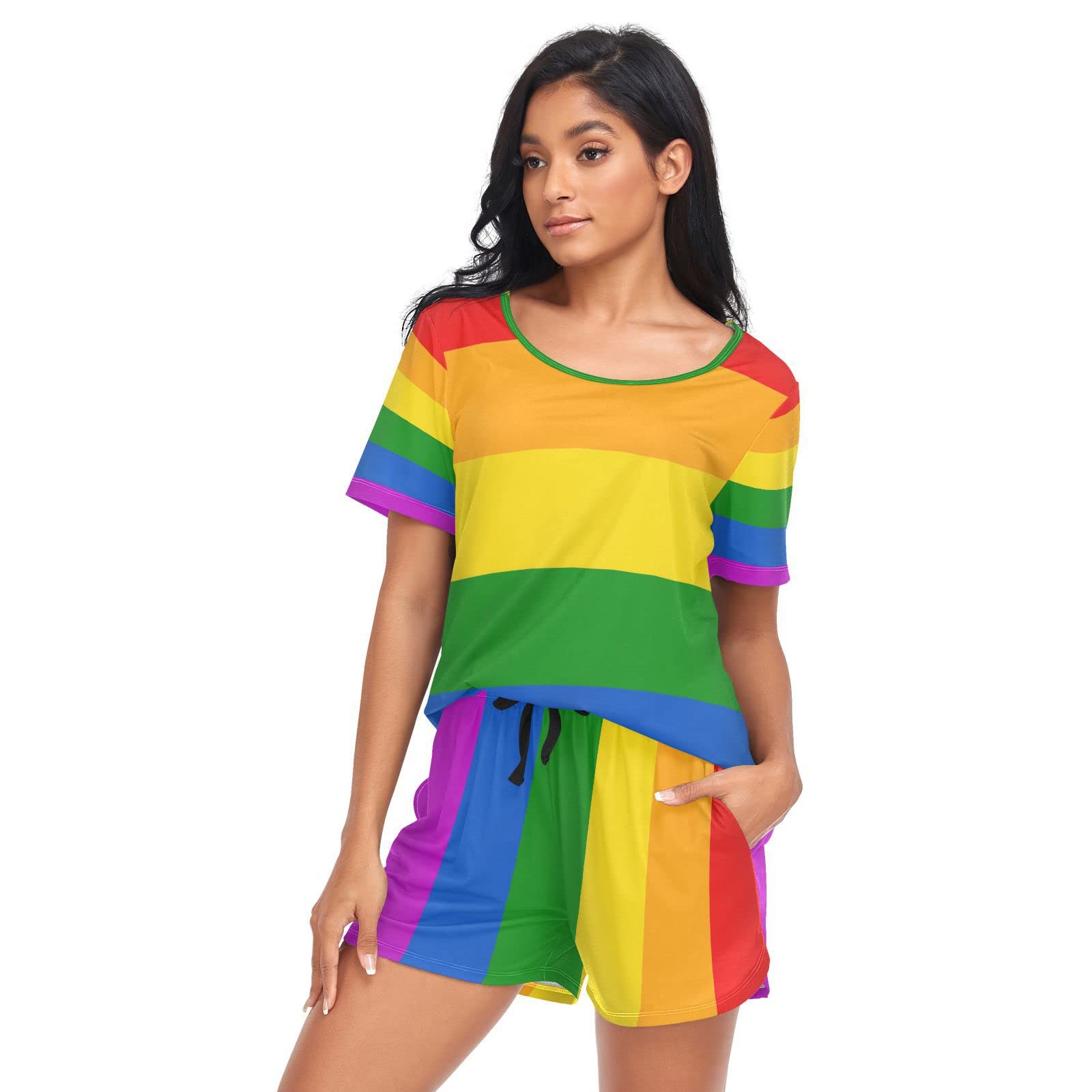 YOUJUNER Pyjamas Sets for Women, LGBT Gay Pride Rainbow Flag Short Sleeve Sleepwear Summer Loungewear Set Pjs Nightwear Set