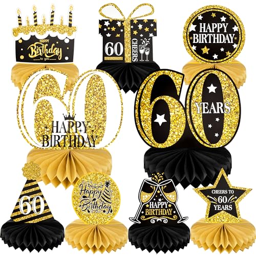 Jesustree Decorações de aniversário, 9 peças 60 aniversários centros de mesa de favo decorações feliz, preto ouro ornamentos de aniversário para festas suprimentos para homens mulheres (60 anos)