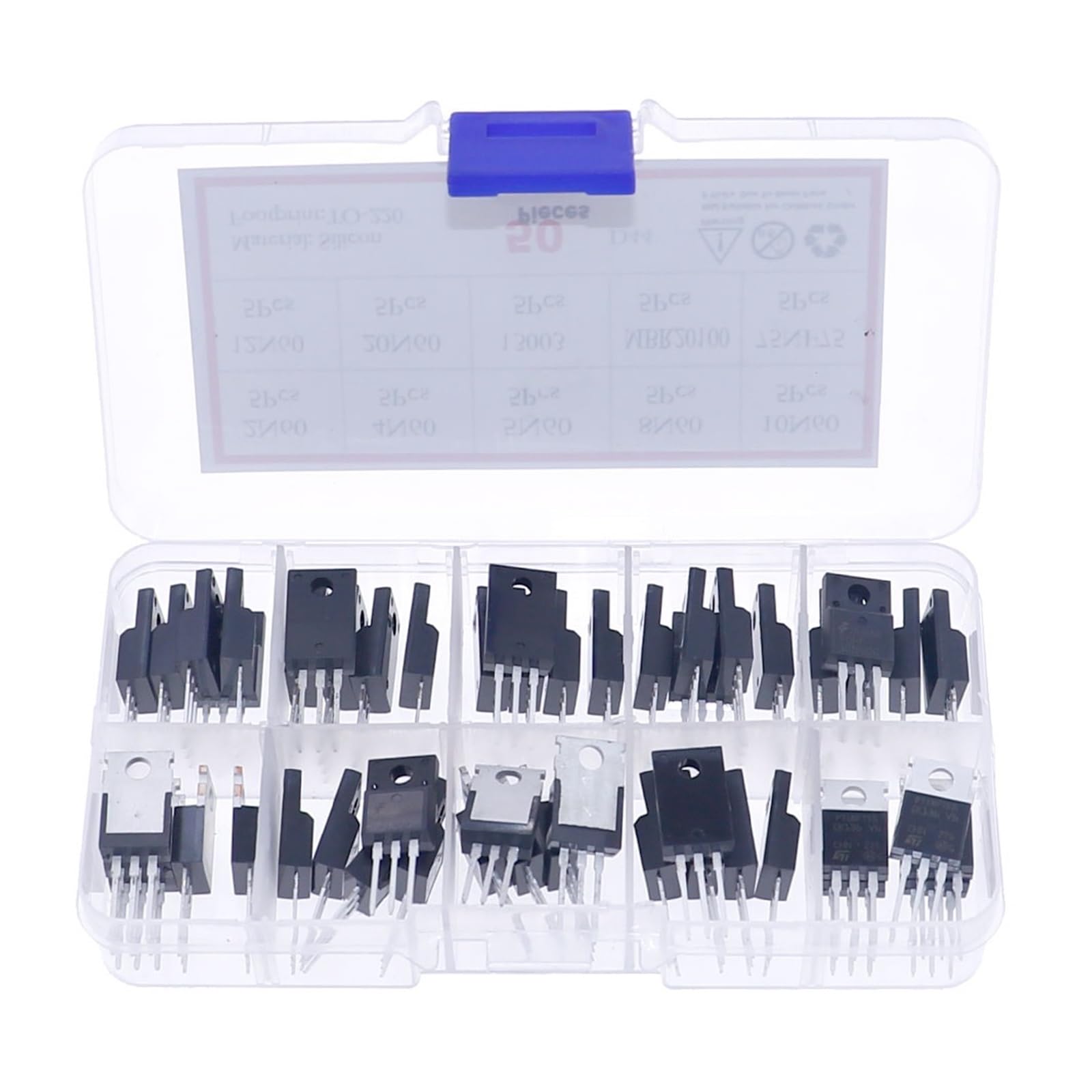50Pcs 10Values TO-220 Mosfet Field-Effect Transistor Kit Box 2N60 4N60 5N60 8N60 10N60 12N60 20N60 13003 MBR20100 75NF75(50pcs 10Value Mix)
