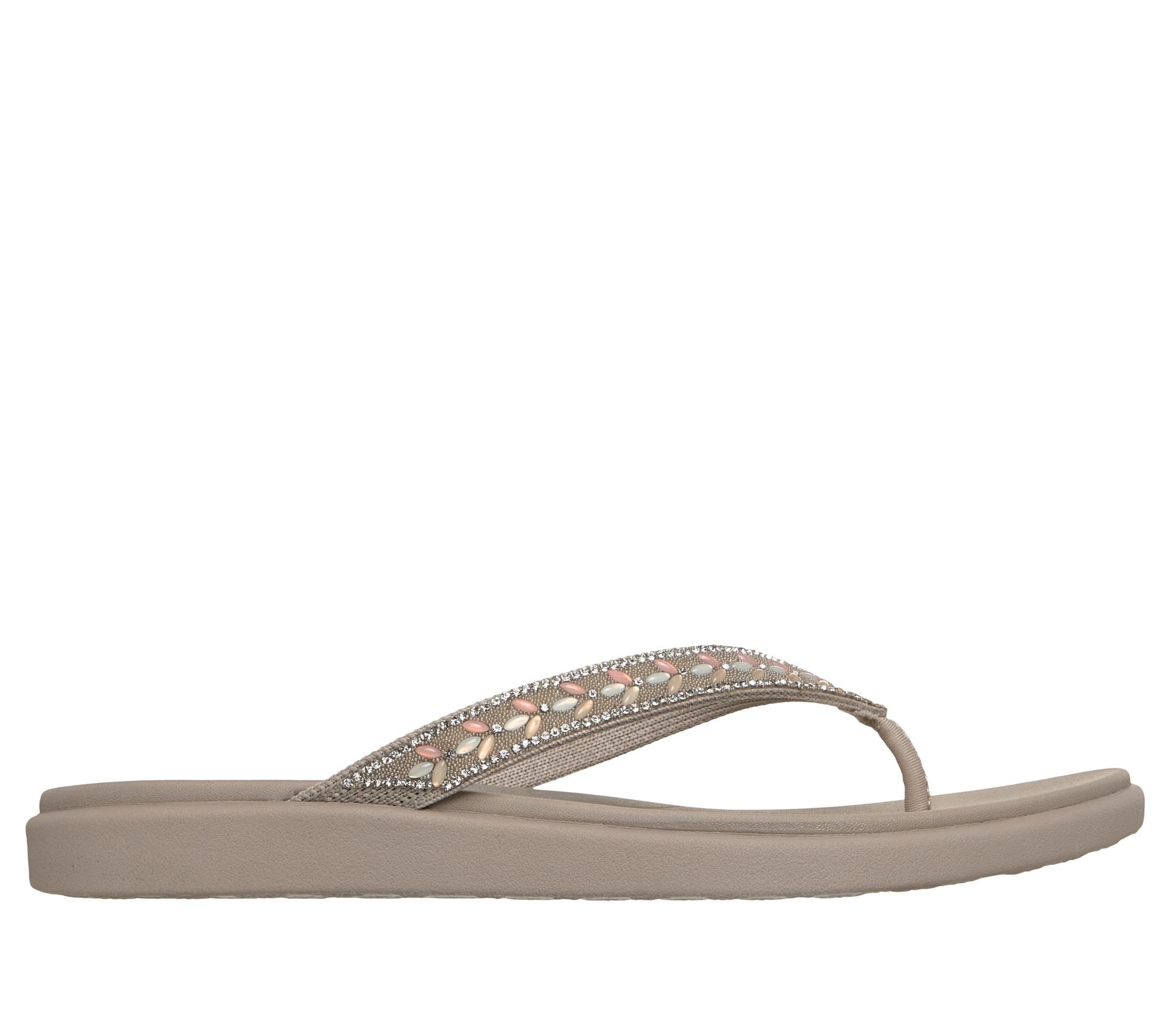 Skechers Damen Meditation Luxe-Floral Embellished Flache Sandale | Luxe Foam Cushioned Footbed, Arch Comfort Support, Vegan Materials, Rhinestone Floral Embellishments, Jewel Flip Flop Sandal