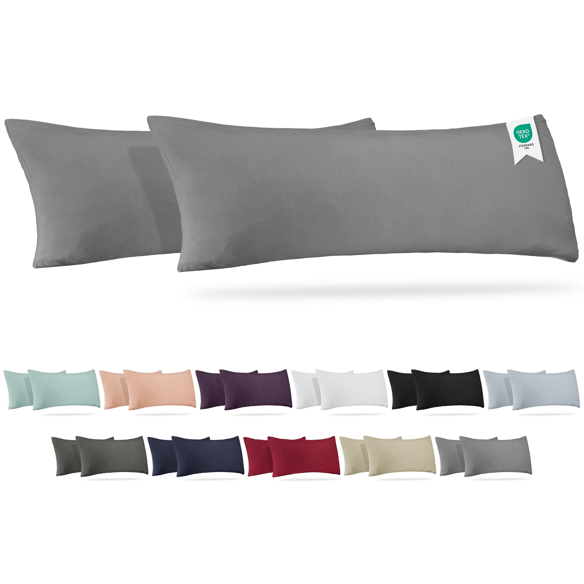 Barbons Seitenschläferkissen 40x145 Bezug 2er Set – 165 g/m² Oeko-TEX Zertifiziert Kissenbezug Kopfkissenbezug 100% Jersey Baumwolle Kissenbezüge Kissenhülle mit Reißverschluss (40x145-Grau)