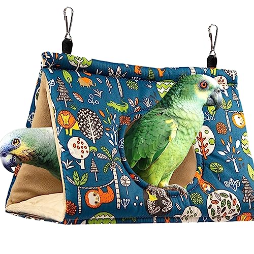 Image of Bird Nest Winter Warm House Hanging Hammock Velvet Shed Hut Cage Bird Plush Fluffy Hideaway Sleeping Bed Fuzzy for African Grey Cockatoo Parrot Parakeet Cockatiels Budgies Parakeets (Large, Blue)
