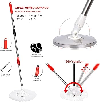 Mop and Bucket Set, 360 Spin Mop and Bucket with Wringer Set and 3 Microfiber Mop Refills, Stainless Steel 61 Extended Handle Spinning Mop Bucket System for Floor Cleaning