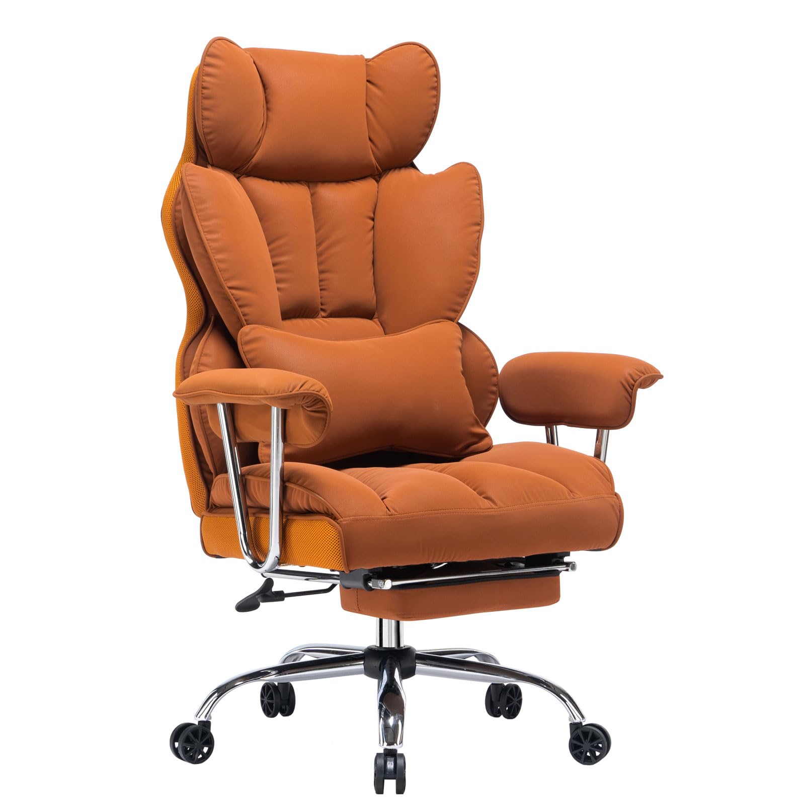 Efomao Desk Office Chair 400LBS,Big and Tall PU Leather Computer Chair,Executive Office Chair with Leg Rest and Lumbar Support (Dark Orange)