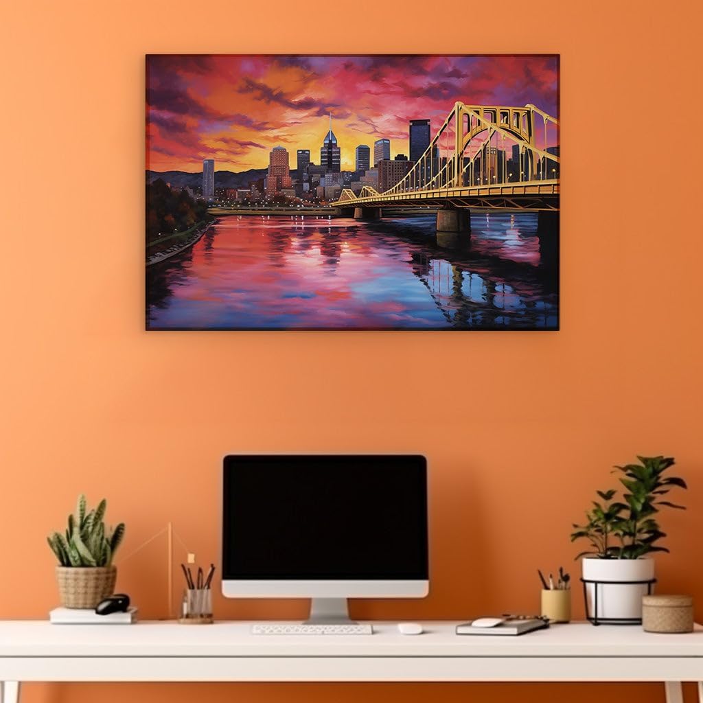 Canvas for Living room. Pittsburgh Sunset Masterpiece - A Vibrant Cityscape Caressed by Twilight Hues, 27 x 18 inch Canvas Wall Art - Ready to Hang