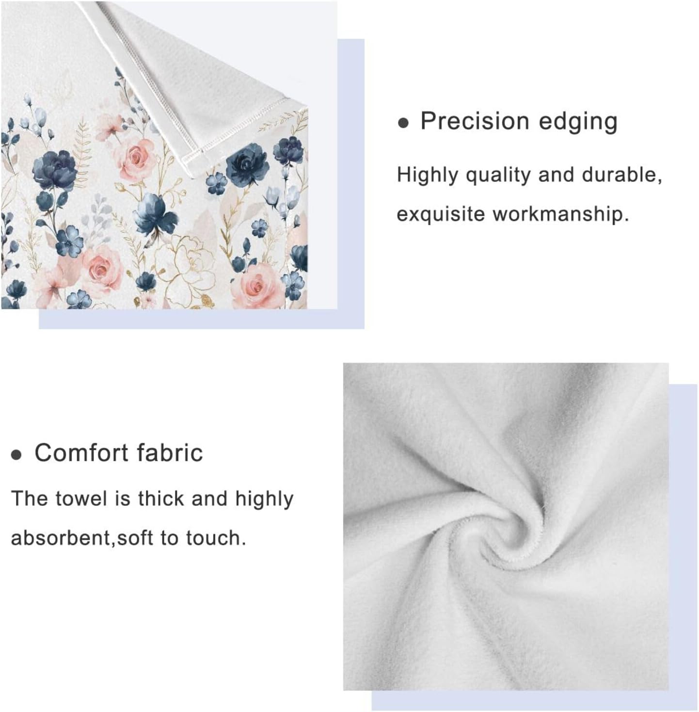 3 PC Navy Blue Floral Bath Towels Set,Pink White Blossom Flowers Bathroom Towels,Soft Botanical Hand Towel,Watercolor Gold Rose Dish Towels,Decorative Fingertip Towels for Bathroom Kitchen