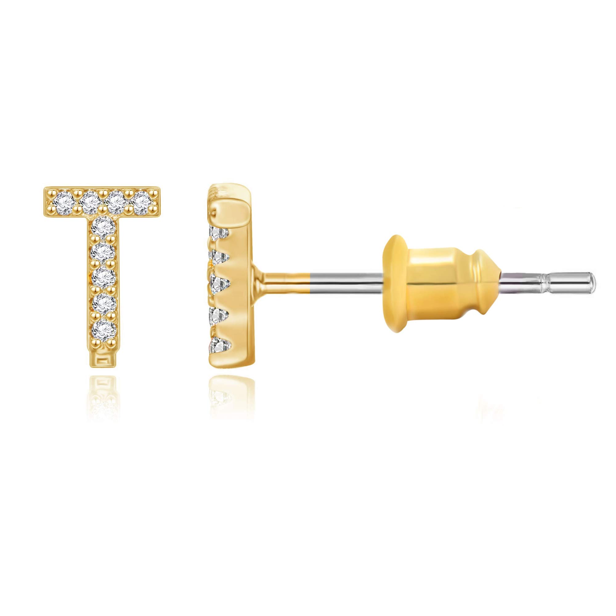 14K Gold Plated Initial Earrings Cubic Zirconia Tiny Letter Earrings Personalized Small CZ Stud Earrings for Women
