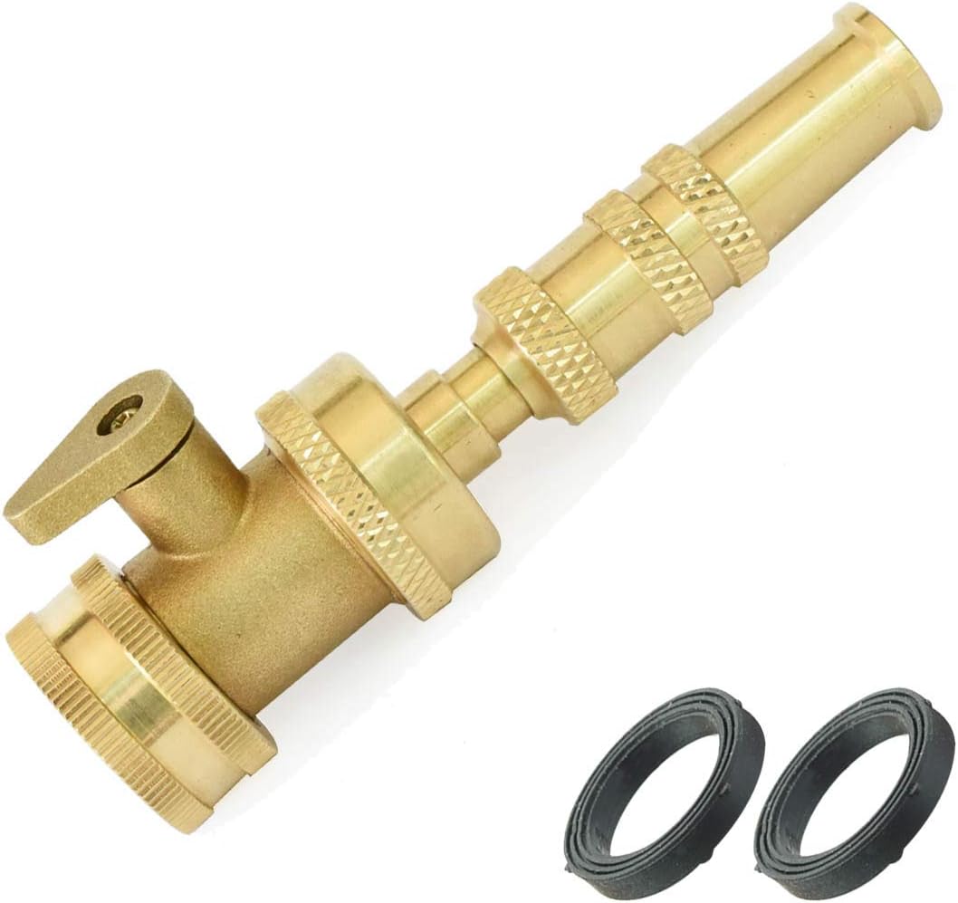 PLG Heavy Duty Brass Adjustable Garden Hose Nozzle & Hose Shut Off Valve - High Pressure & Leak-Proof Water Hose Nozzle, Easy-to-use Twist Spray Patterns for Garden, Car Washing, and Cleaning