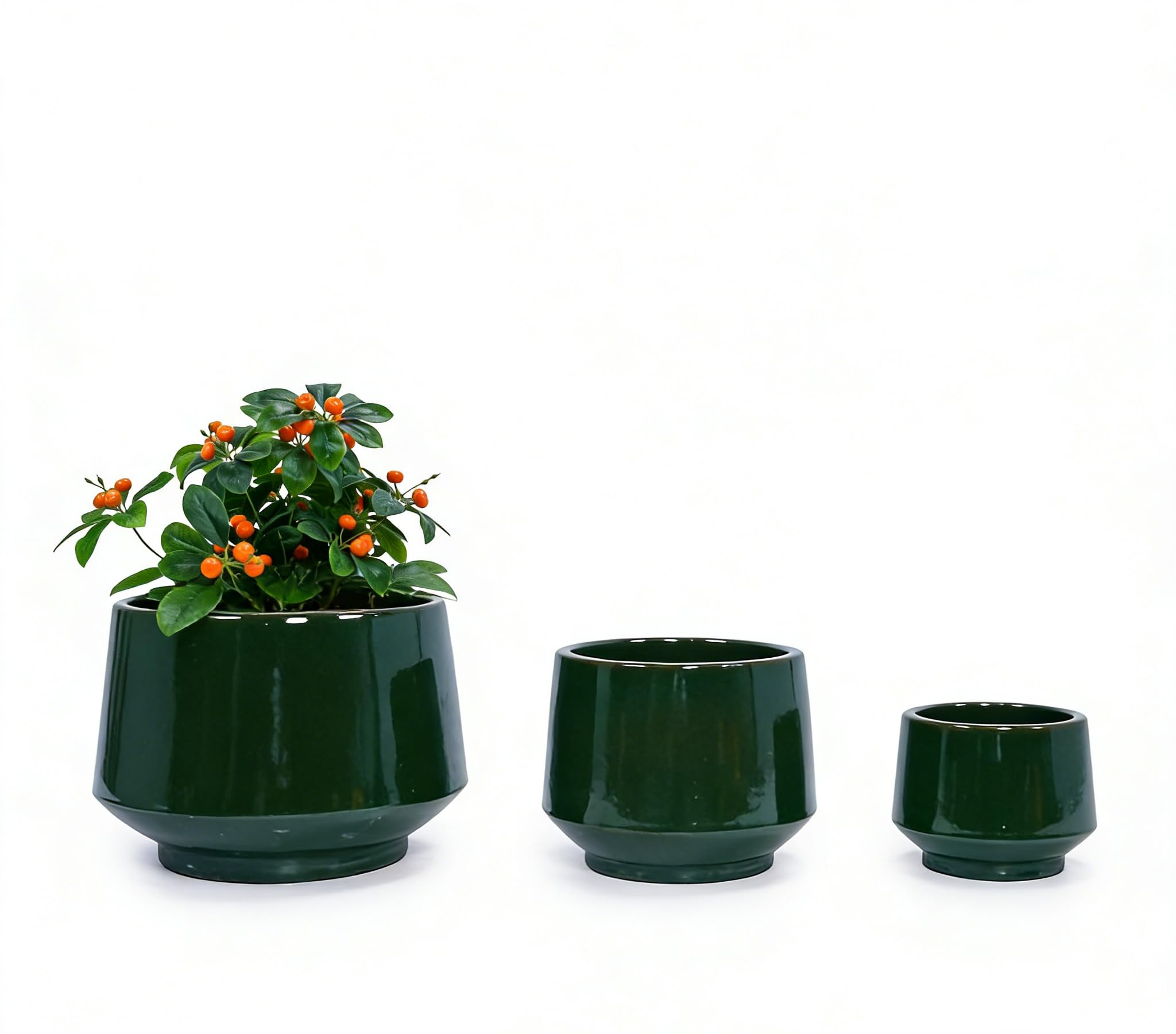Keramik-Blumentopf, Ø 18,1 cm / 26,2 cm / 34,4 cm, dunkelgrün | 3er-Set, Ablaufloch, Einfarbige glatte Glasuroberfläche