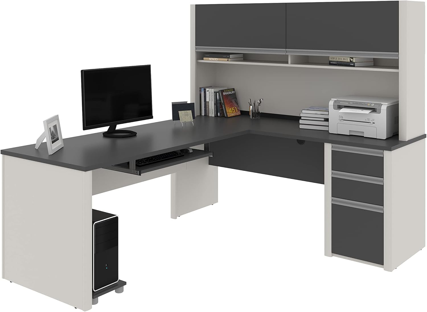 Contemporary L-Shaped Sandstone Workstation with Hutch and Pedestal