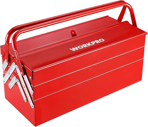 WORKPRO Caja de herramientas de metal, caja de almacenamiento plegable en voladizo de 18 pulgadas, color rojo, organizador de herramientas