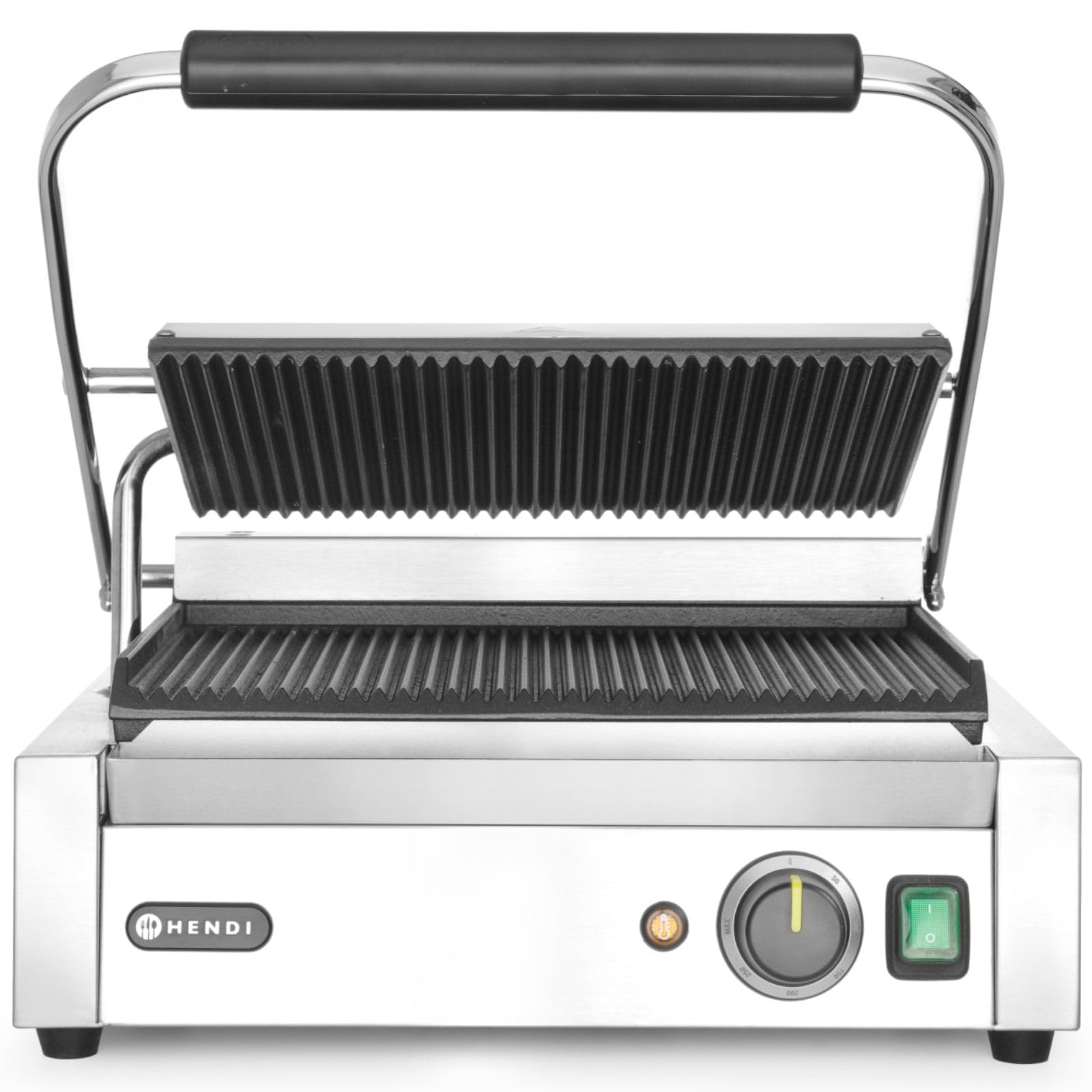HENDI Kontaktgrill, Panini, gerillte Ausführung, inkl. Grillreinigungsbürste, Temperatur bis 300°C regelbar, Grillfläche 340x235mm, Elektrogrill, 230V/2200W, 430x375x(H)216mm, Edelstahl