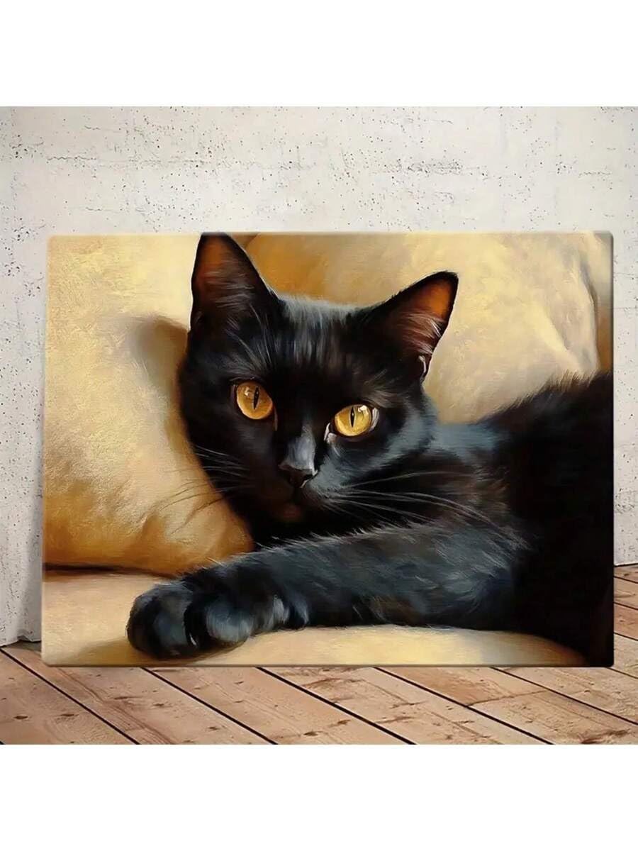 lianyibo 1 pezzo Quadro su tela con gatto nero dagli occhi sdraiati sul divano che ti guardano - Poster, stampe, decorazione per ufficio e soggiorno (40x60 cm/cornice interna)