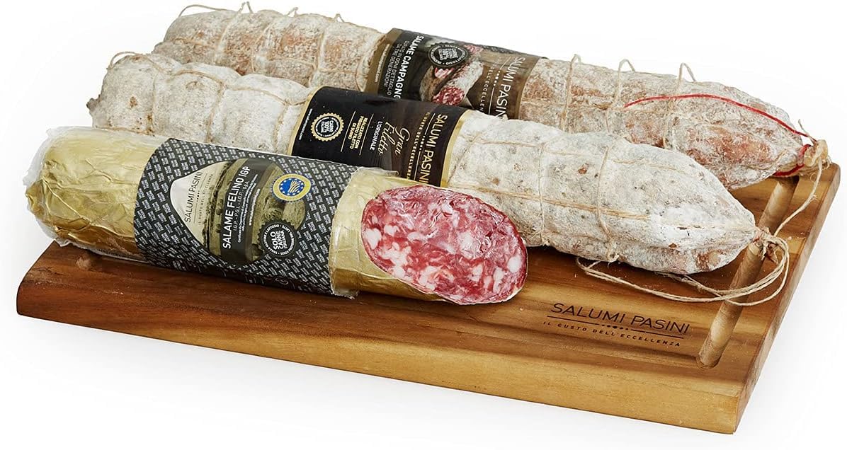 Passione Salame Trio Salumi Pasini® Geschenkplatte | Campagnolo Salami 600g + Gran Filetto Salami 700g + Felino g.g.A. Salamischeibe 350g | Schneidebrett aus Akazienholz im Lieferumfang enthalten