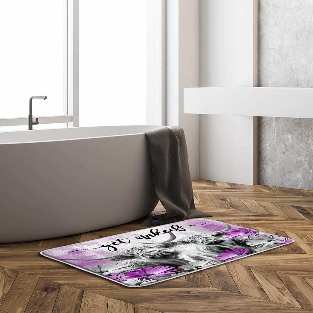 Farmhouse Highland Cow Get Naked Bath Mat Farm Animal Portrait of Highland Cow Longhorn Bull Rustic Flower Funny Western Bathroom Rug Absorbent Doormat Kitchen Toilet Floor Rug
