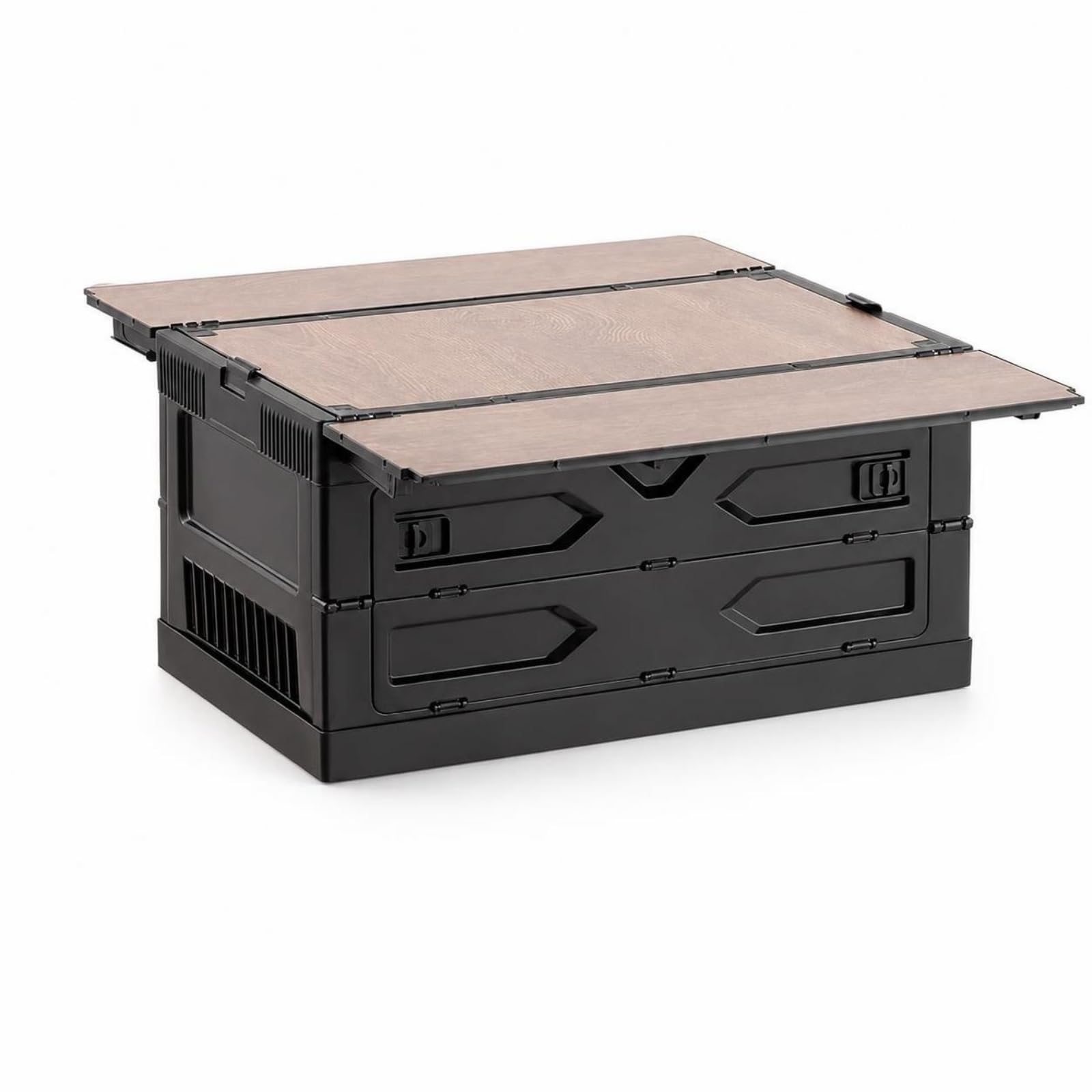 Faltbox mit Holz faltbar klappbox mit Frontöffnung klappbar Campingtisch Stauraum für Wohnmobilbesitzer, Camping, Kofferraum, Grauweiß, Flache Oberfläche Ohne Halterung