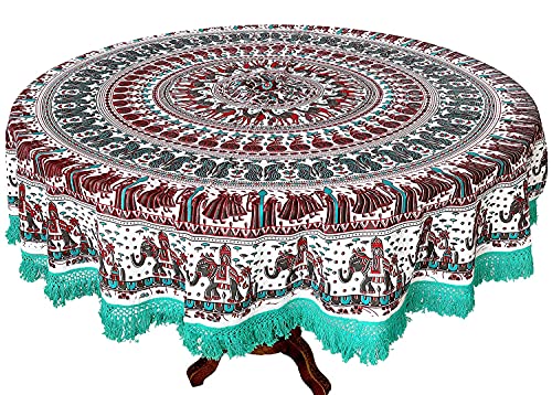 RHF 100% Cotton Dining Round Tablecloth 100% Cotton Multicolor Floral Bird Printed 4-6 Seater Round Table Cover with White Fringed Lace Border (Rust and Dark Brown with Green Lace)