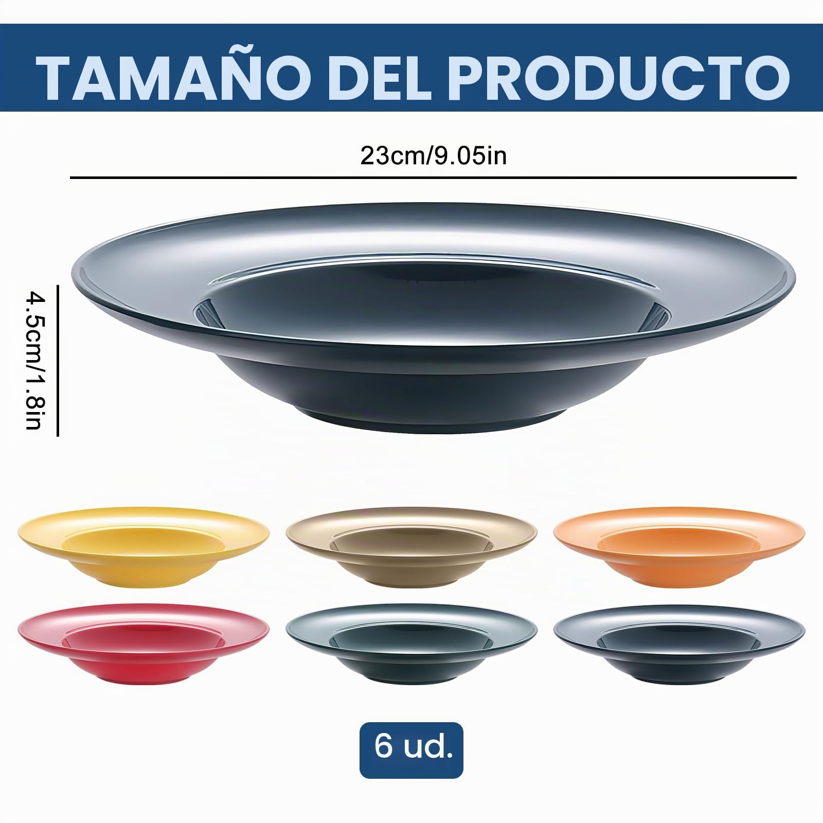 Juego de 6 platos hondos de pasta, platos hondos, platos hondos, reutilizables, platos profundos, para pasta, ensaladas, filetes, microondas y lavavajillas – 4,5 x 23 cm