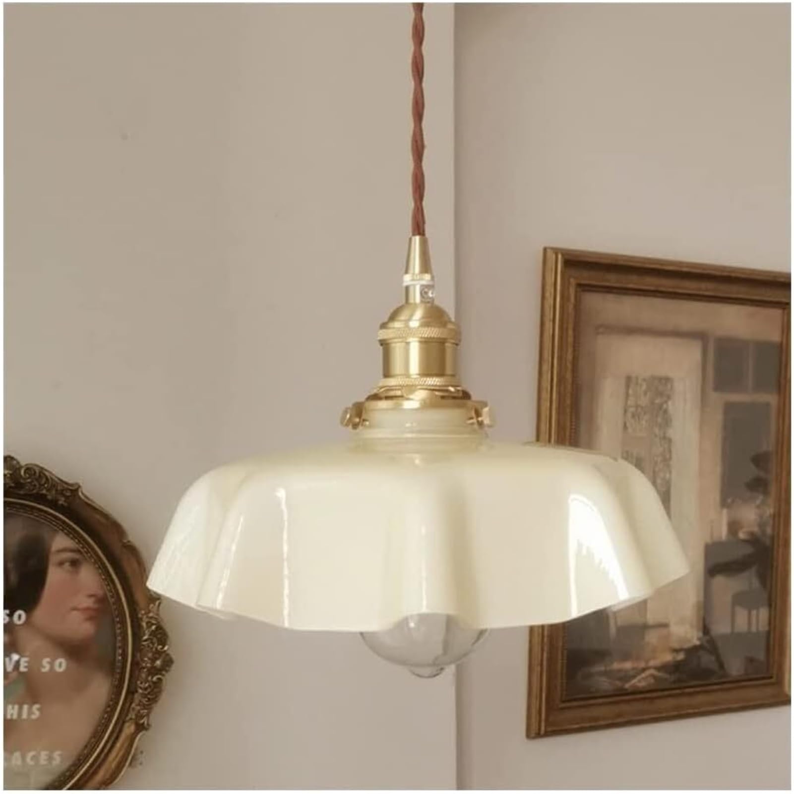 KBUUKYYXouy Scandinavian Glass Farmhouse Lotus Leaf Pendant Lamp Chandelier Hanging Lighting Ceiling Fixture E27 for Bedroom Cafe Kitchen Island(Beige)