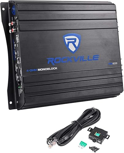 Rockville RVA600.1 Amplificador de coche mono, pico de 1200 W, RMS con certificación Dyno de 200 W a 4 ohmios, clase AB, con control remoto de
