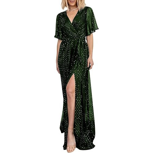 Simplee Women's Wrap V Neck Formal Maxi Dress Sequin Sparkle Bridesmaid Dress