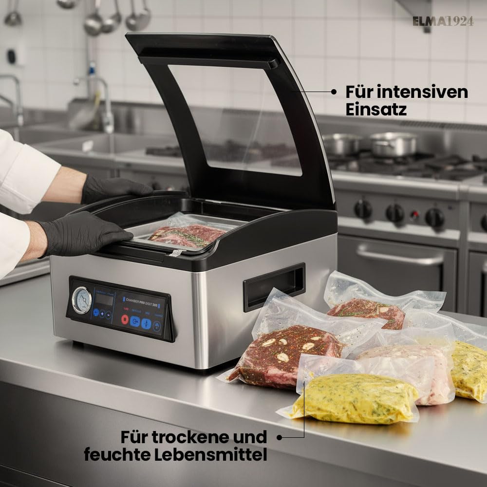ELMA Kammervakuumierer Profi 350W | Vakuumiergerät Gastro Edelstahl | 30 cm Schweißbalken, 60 l/min, -0,95 bar | Für Flüssigkeiten geeignet | Restaurant, Hotel, Catering