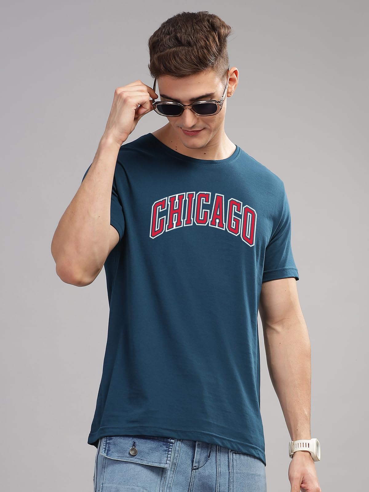 ADRO Maglietta da uomo in stile urbano con stampa Chicago, in cotone, alla moda, colore nero