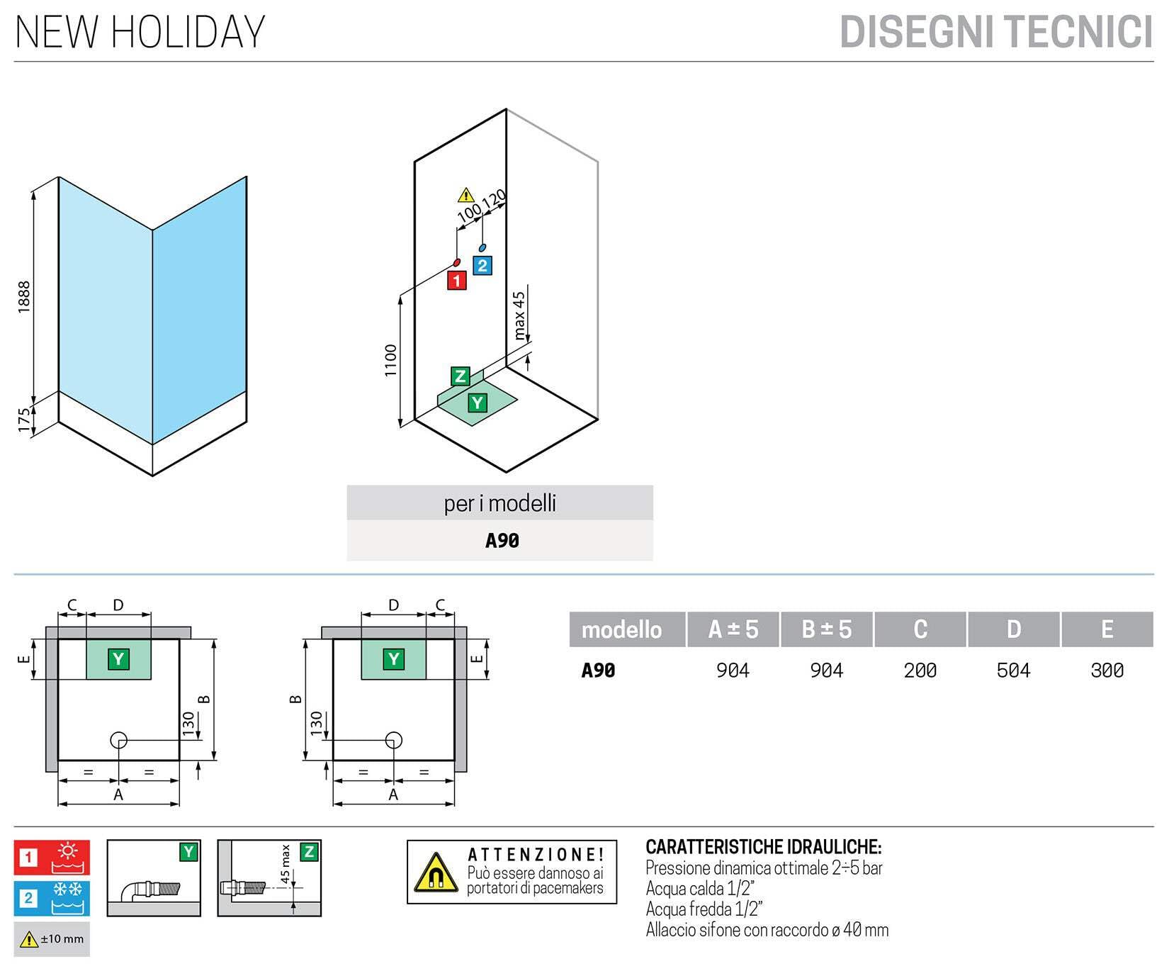 Novellini New Holiday A90 Standard 90 x 90 cm Cabina de ducha multifunción apertura 2 puertas correderas 2 fijas ángulo izquierdo derecho mezclador mecánico cristal Aqua perfil plata estantes altura