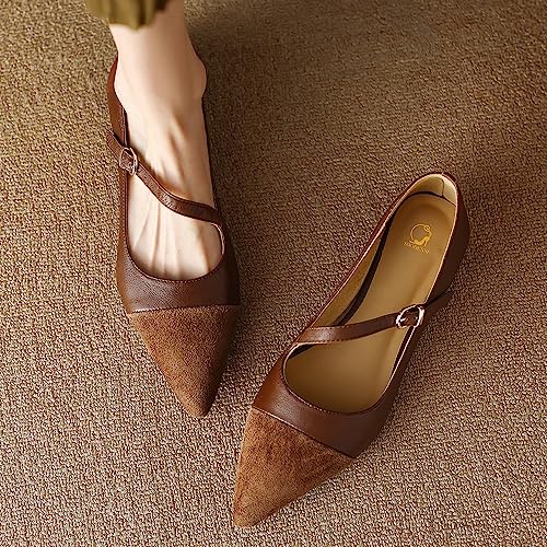 SHODENSE Women Cap Toe Flats Shoes Ankle Strap Pointed Closed Toe Flat Heel Mary Janes Two Tone Comfort 1" Low Chunky Heel Dress Shoes Pumps Office Ladies Driver Ballet Flats 4-10 M US4