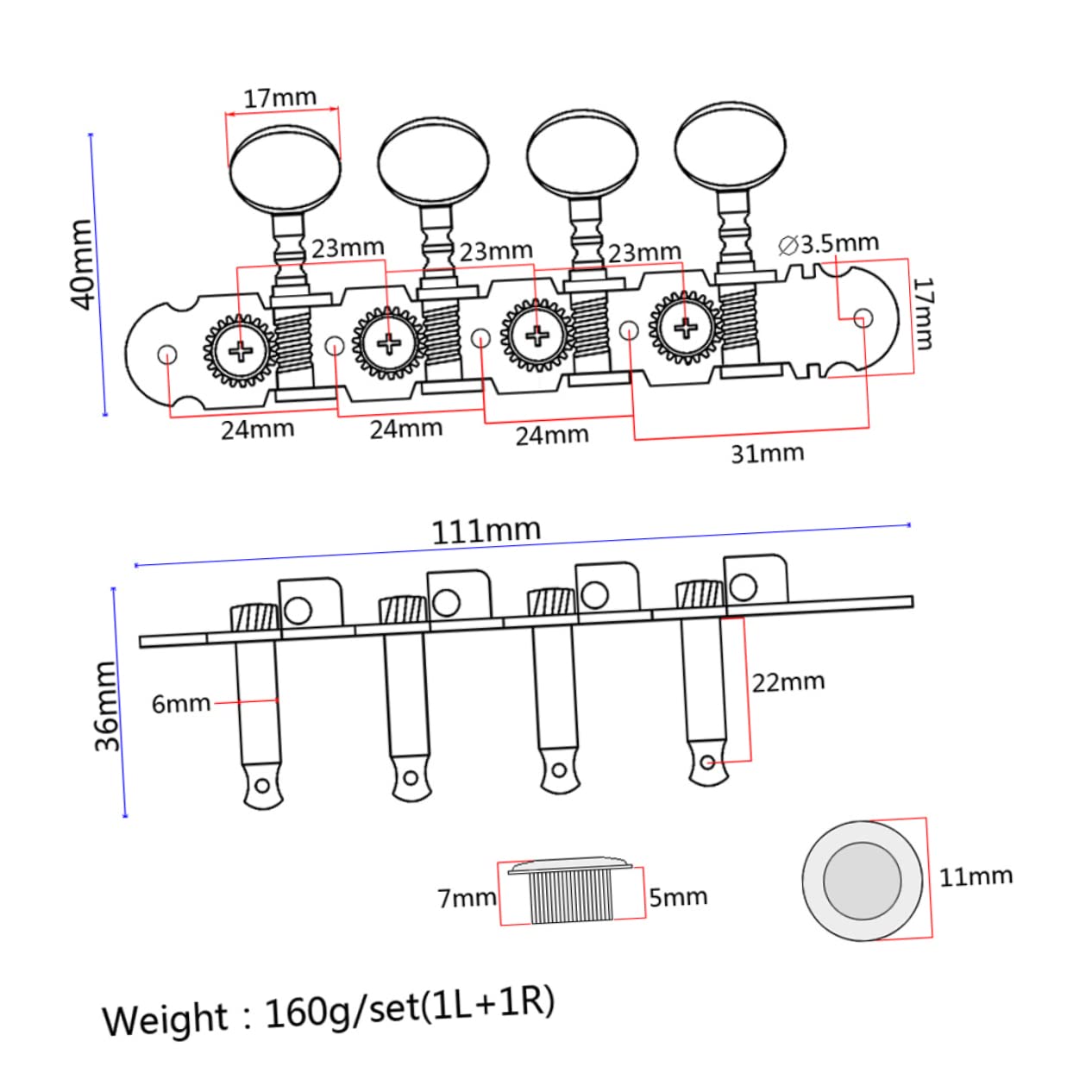 Totority Set of 2 Guitar Tuning Pegs 4 Row Round Button Tuner Tuners Tuning Pegs Electric Guitar Machine Heads