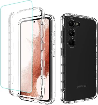 حافظة لهاتف Galaxy S23 Case، حافظة SM-S911U مع واقي شاشة من الزجاج المقسى، حماية شفافة لكامل الجسم 360 غلاف صلب + أغطية ناعمة مقاومة للصدمات من مادة TPU لهاتف Samsung Galaxy S23 5G Clear