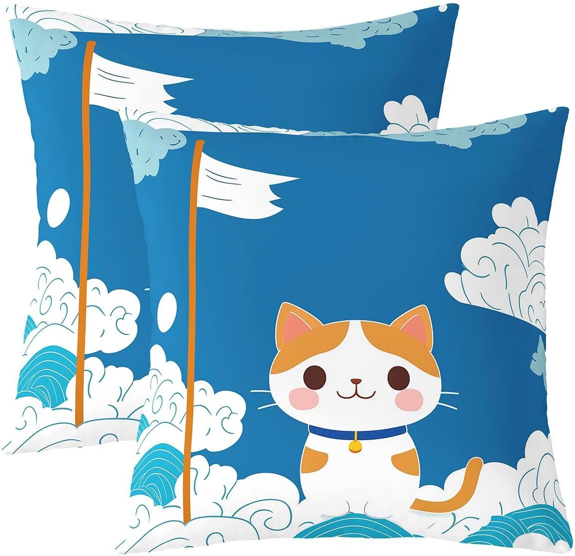 Japanese Cat Throw Pillow Covers (Pack of 2),Ocean Wave Cushion Cover for Kids Girls Boys Cartoon Flag Blue Sky Cloud Pillow Cases Cute Anime Animals Living Room Sofa Bed Decor ,16"Lx16"W