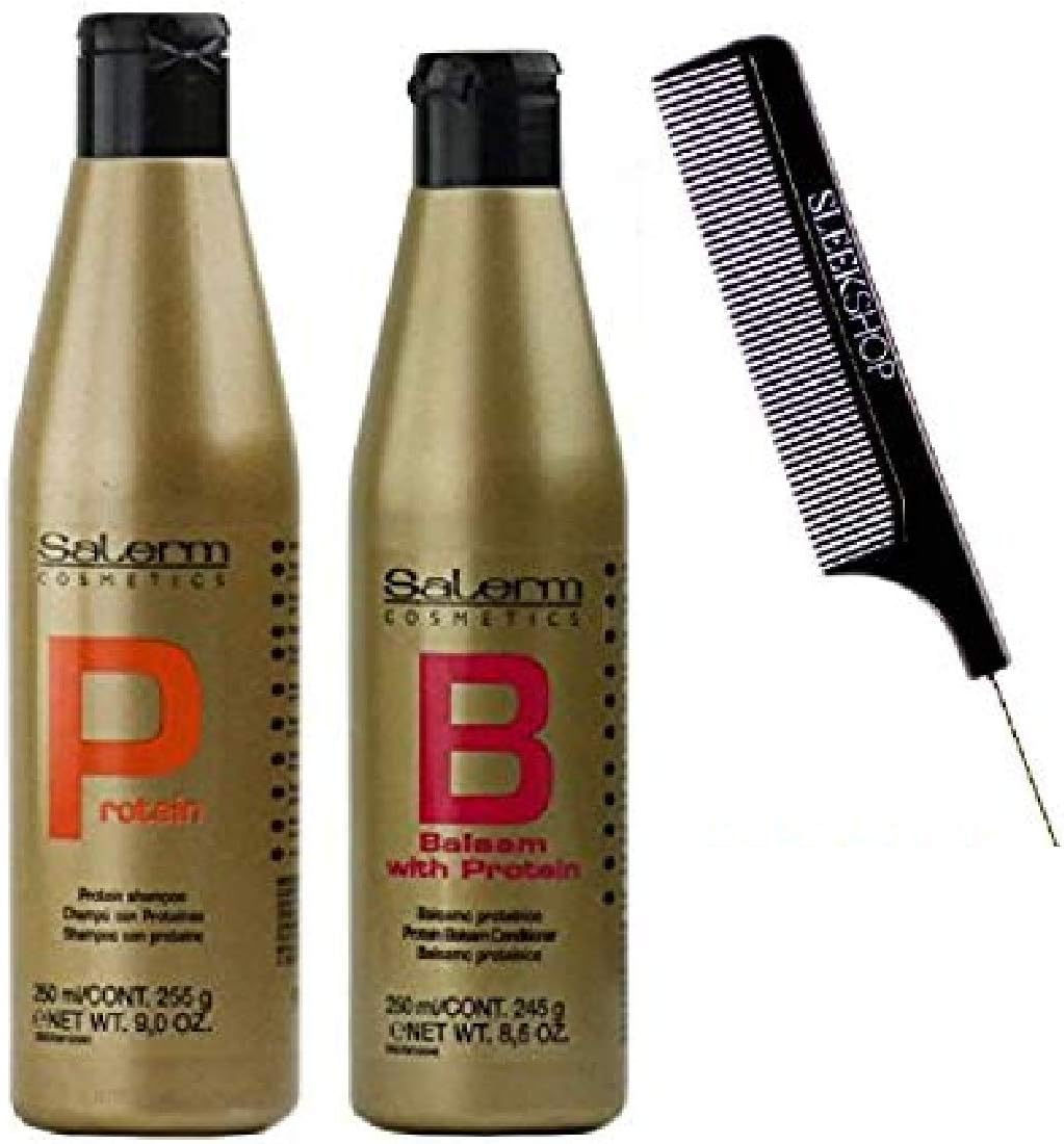 Salerm Cosmetics PROTEIN Shampoo & Conditioner DUO Set (with Sleek Steel Pin Tail Comb) Keratin Silk Protein (9 oz + 8.6 oz - ORIGINAL COMBO KIT)