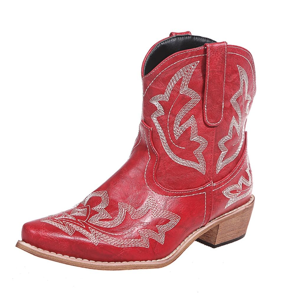 Cowboy Boots for Women - Embroidery Cowgirl Western Ankle Booties Pull-On Pointy Toe Lightweight Breathable Retro Comfort Wear
