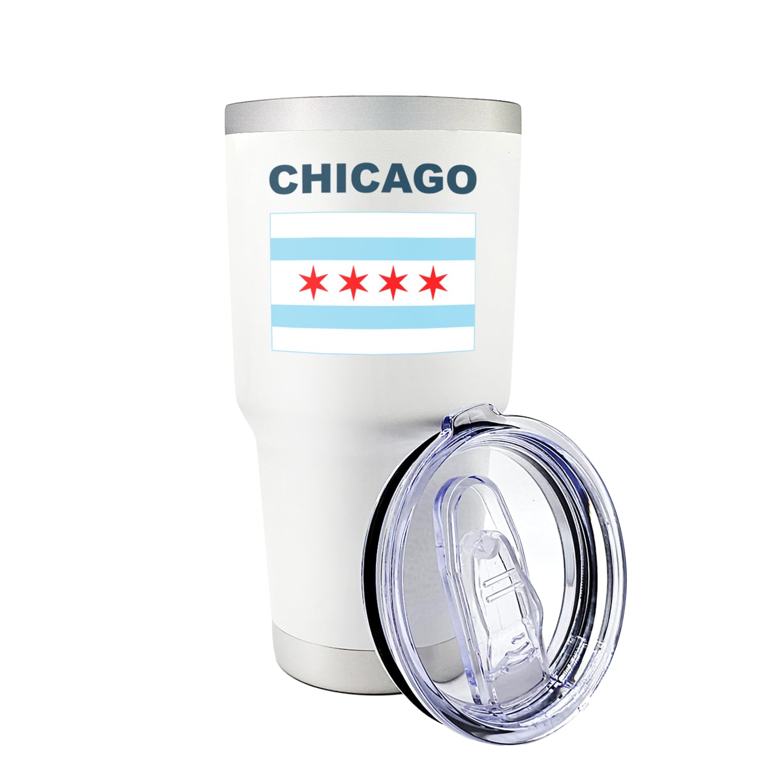 Palm City Products Premium 30 oz Chicago White Tumbler with Slider Lid - Featuring Chicago Flag Design -