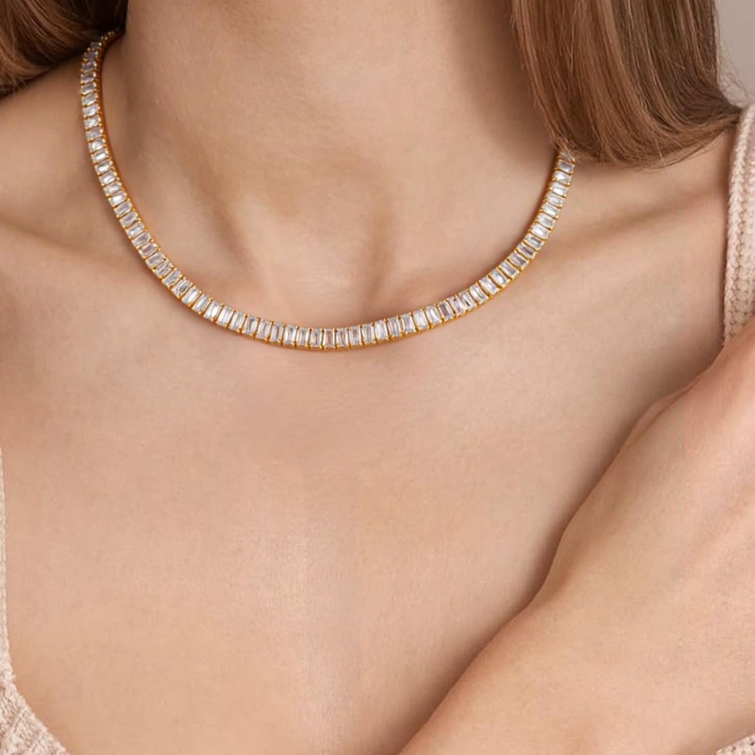 BREN Baguette Tennis Necklaces for Women Men - White/Yellow Gold Plated Cubic Zirconia Tennis Chain Dainty Jewelry Gifts for Holiday Wedding Party Prom Valentines Day