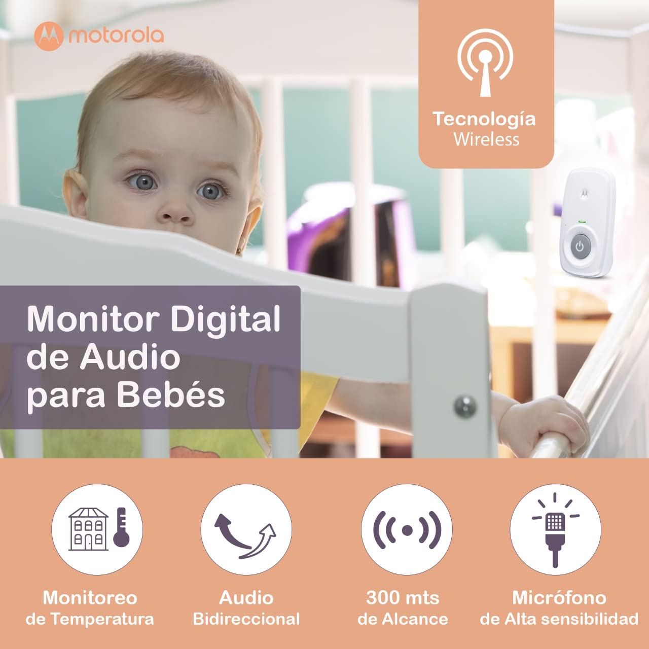 Motorola MBP24 Audio Baby Monitor with Room Temperature Display, High Sensitivity Microphone and Two-Way Talk, White (Renewed)