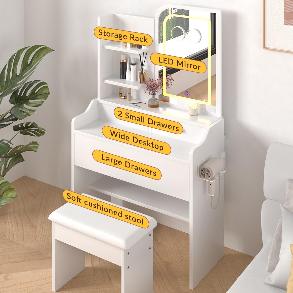 HOMEMORE Small Vanity Desk with Mirror and Lights, Makeup Vanity Desk with 3 Drawers & 3 Shelves, 2X & 5X Magnifying and Power Outlet, Dressing Table for Bedroom,White