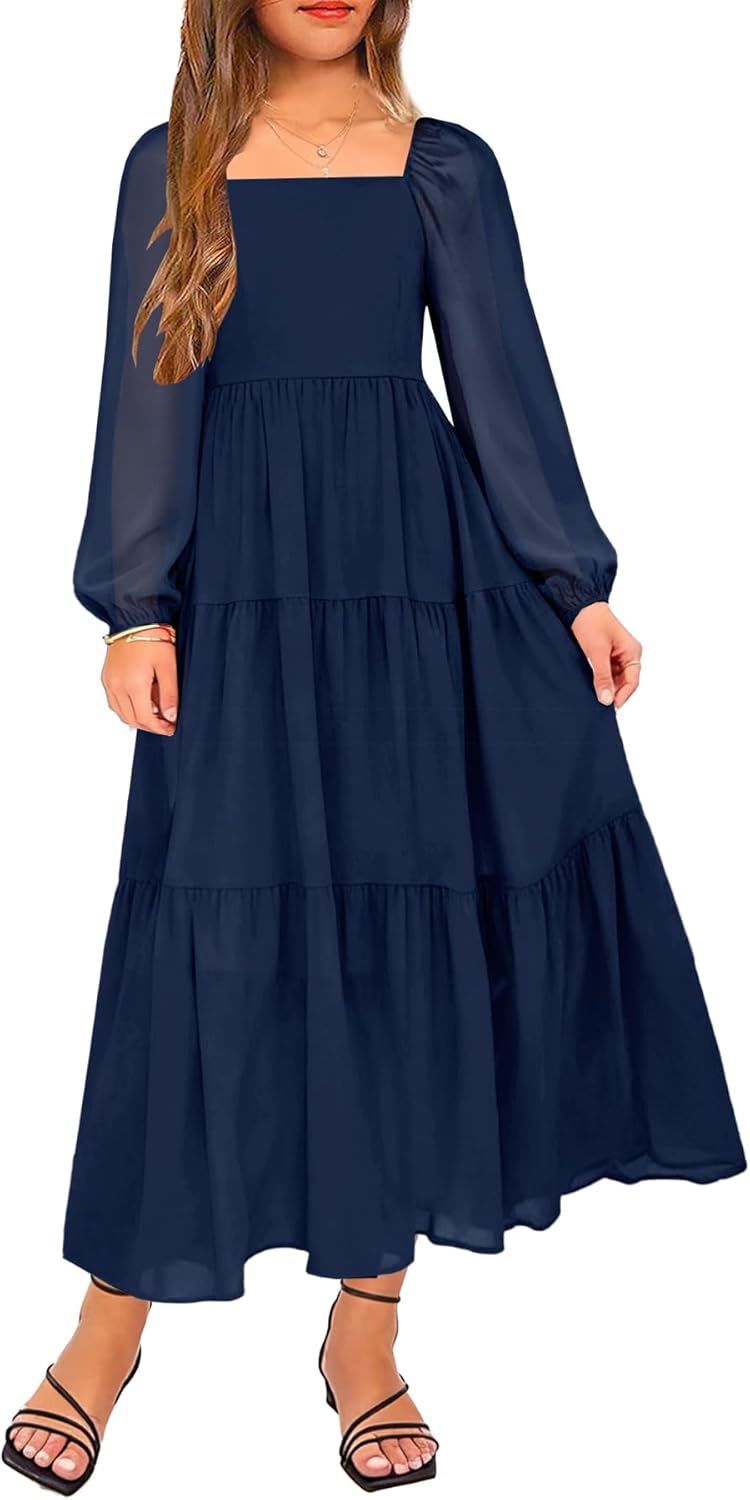 YOVION Girls Fall Long Sleeve Maxi Dress Chiffon A-Line Smocked Tiered Flowy Formal Wedding Guest Dresses for 6-12 Y