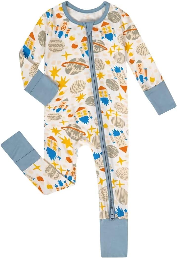 Teach Leanbh Unisex Baby Bamboo Viscose Pajamas with Mittens and Feet Cuffs 2 Way Zipper Long Sleeve Romper Sleep and Play