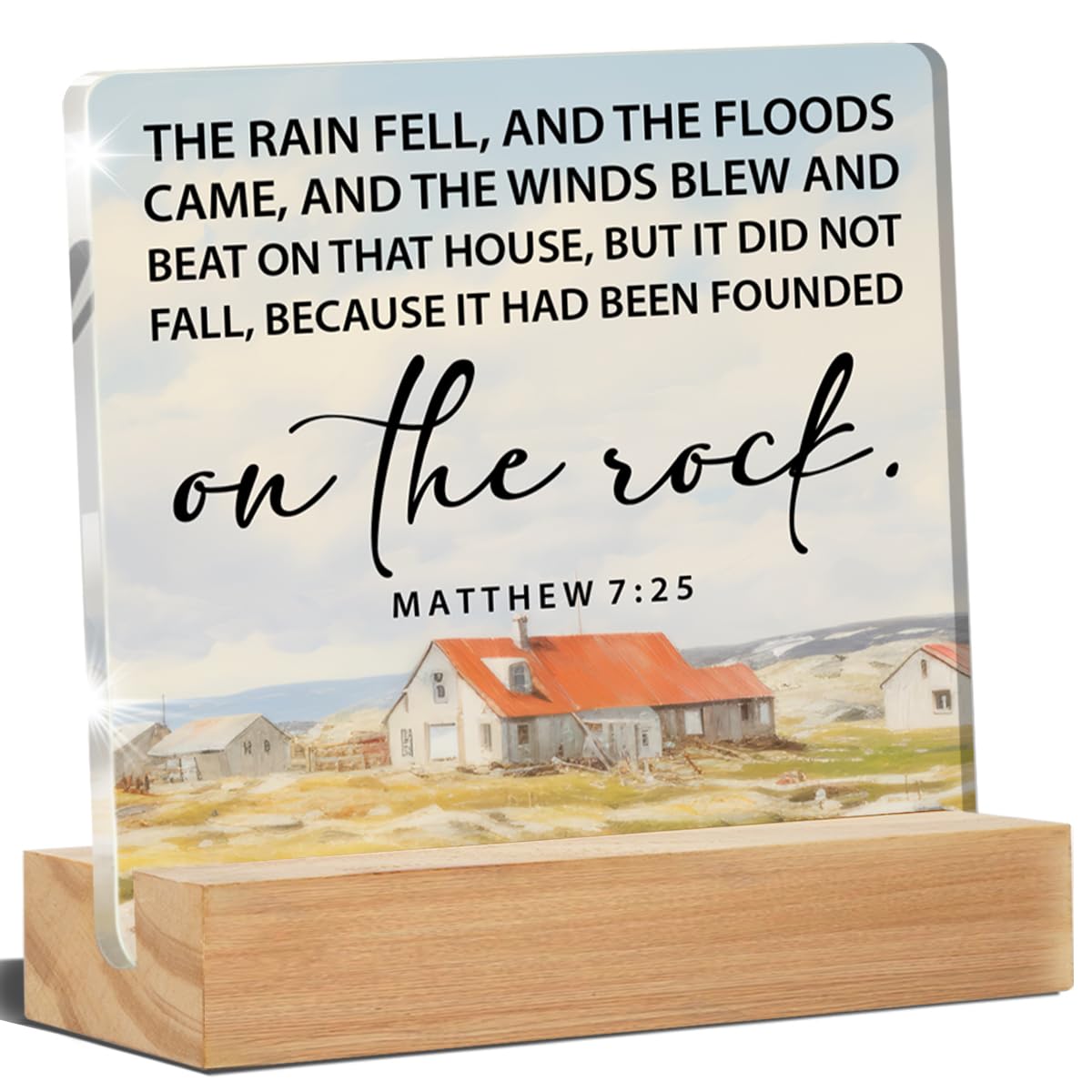 Vintage Bible Verse Art Desk Decor Religious Christian Matthew 7:25 Acrylic Sign Home Office Decoration, Scripture Gifts