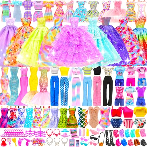BARWA 116 Pack Doll Clothes and Accessories 5 Wedding Gown Dresses 9 Fashion Dresses Slip Dress 3 Tops 3 Pants 2 Swimsuits Bikini 16 Shoes 15 Hangers and 63 Accessories for 11.5 inch Doll