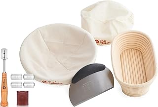 Sourdough Proving Basket Kit for Bread Making - 9\" & 10\" Banneton Proofing Baskets with 2 Linen Liners, Stainless Dough Scraper & Bread Lame (5 Blades) - Natural Rattan for Perfect Artisan Loaves