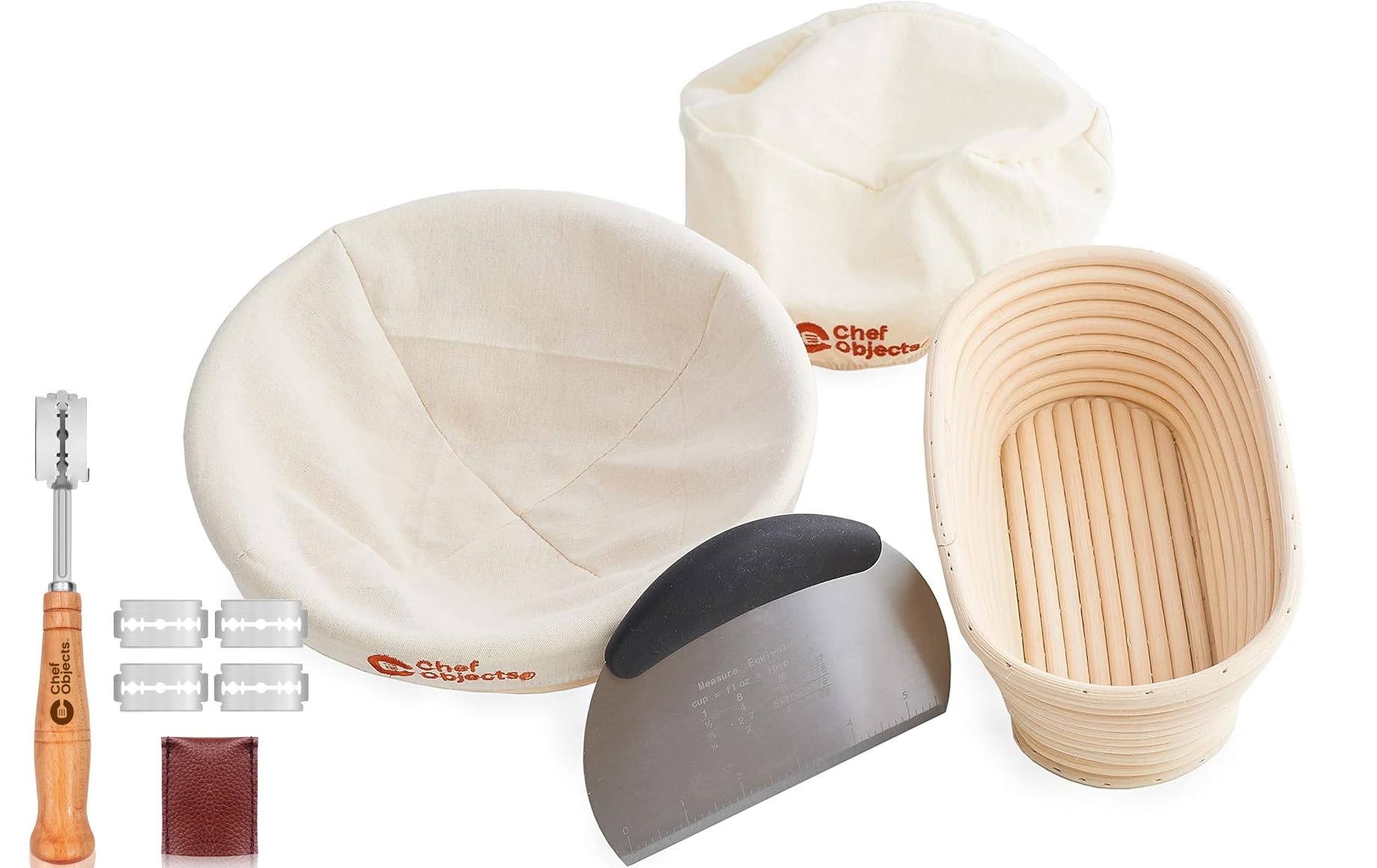 Sourdough Starter Kit – Banneton Proofing Baskets 9" Round 10" Oval, Bread Lame Scoring Tool, Dough Scraper, Linen Liners – Artisan Baking Tools