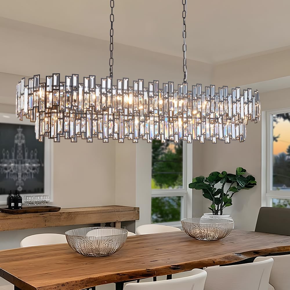 Black Contemporary Chandelier Foyer Entryway Lighting, 2-Tier Large Foyer Entrance Chandeliers for Living Room Kitchen Island High Ceiling Big Crystal Chandelier(Length 55.1 inch 21 Lights)