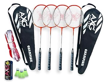 Isometric Champion Tenacious Wide Body Rackets (Set of 4) with Plastic Shuttles, Net and Cover Badminton Kit (Orange)