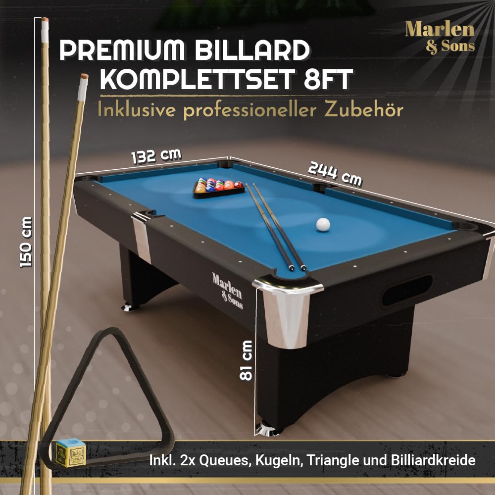 Marlen & Sons Billardtisch - CueMaster 8FT Billiard Tisch mit Auto Kugelrückführung - Billiardtisch 244 x 132 cm inkl. Zubehör-Komplettset
