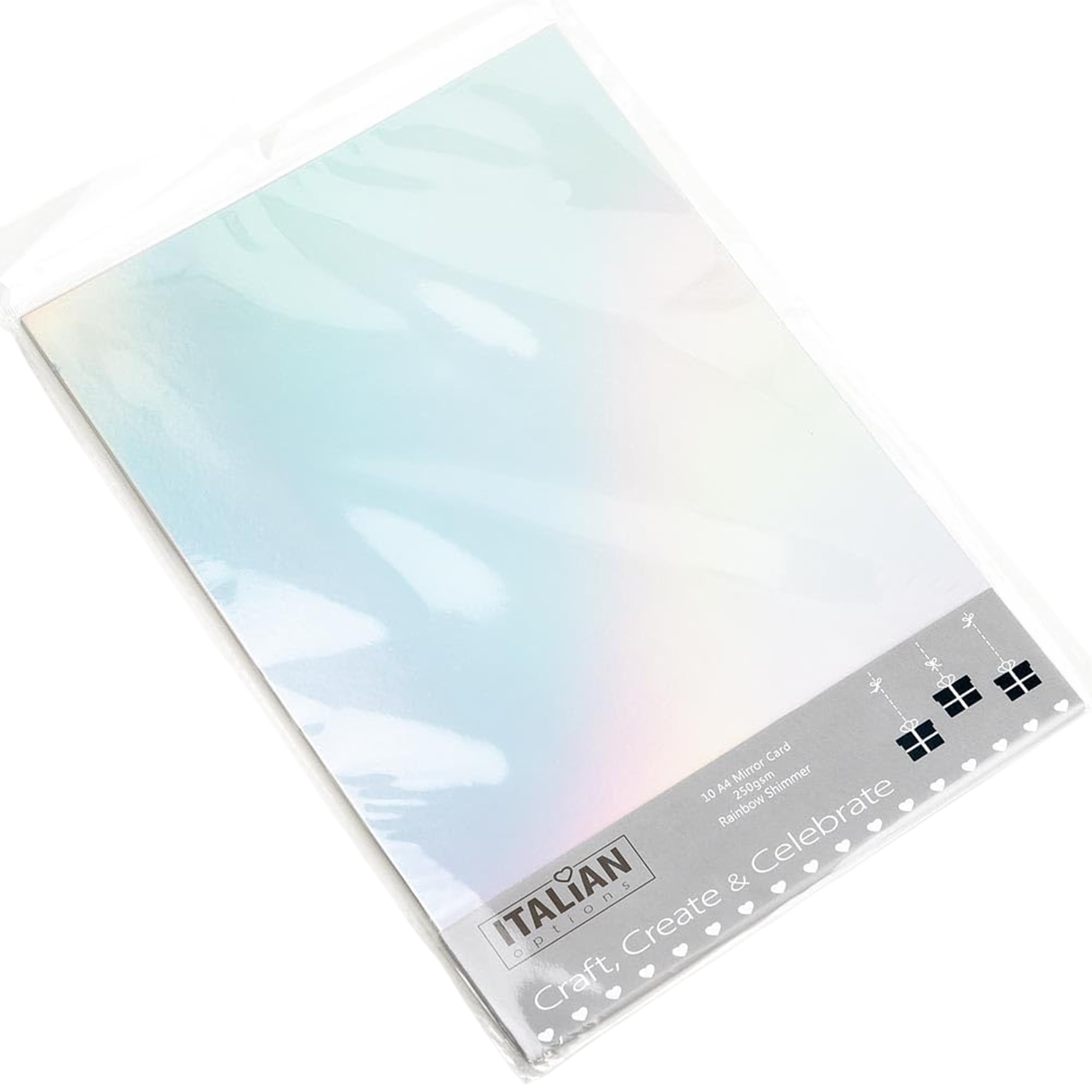 Italian Options Holographic Cardstock Paper, Mirror Craft Card Stock for Electronic Die-Cutter Machines, Christmas Crafts and Card Making Supplies, 10 Coloured Sheets, A4, 250gsm, Rainbow Shimmer