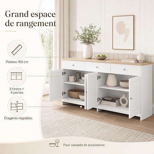 Poeahu Credenza Soggiorno bianca e legno 160 cm, Credenza Cucina con 4 ante e 3 cassetti Armadio di Archiviazione Madia Soggiorno Moderna Mobili Cucina per Soggiorno Sala da Pranzo - 2